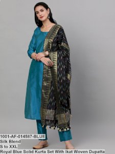 ROYAL BLUE SOLID KURTA SET WITH IKAT WOVEN DUPATTA