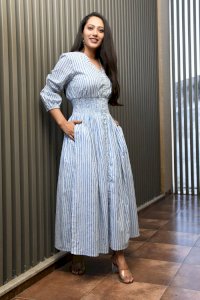 BLUE PRINTED STRIPPED COTTON COMFY DRESS