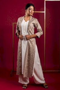 MIRROR WORK-KURTA PLAZZO WITH SHRUG - OFF WHITE