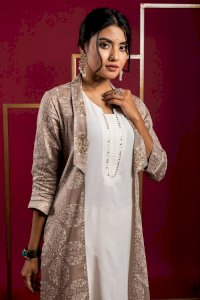 MIRROR WORK-KURTA PLAZZO WITH SHRUG - OFF WHITE