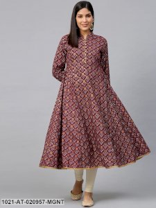 Magenta & Golden Bandhani Printed Anarkali Kurta