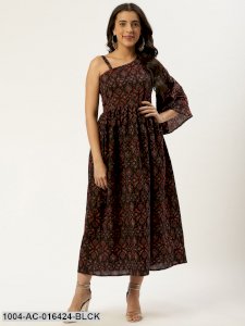 Black Ethnic Motifs Printed One Shoulder Cotton A-Line Dress