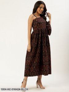 Black Ethnic Motifs Printed One Shoulder Cotton A-Line Dress