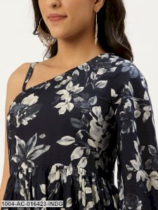 Indigo Blue Floral Printed One Shoulder Cotton A-Line Dress
