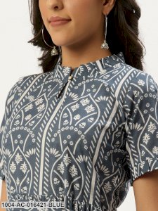 Blue Ethnic Motifs Printed High-neck Cotton A-Line Dress