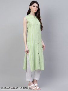 Striped Rayon Straight Kurta (Light Green)