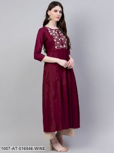 Embroidered Rayon Flared Kurta (Wine)