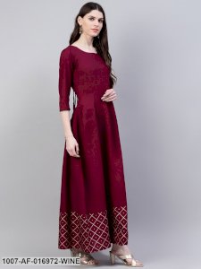Gold Print Rayon Flared Kurta Dupatta Set (Wine)