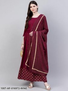 Gold Print Rayon Flared Kurta Dupatta Set (Wine)