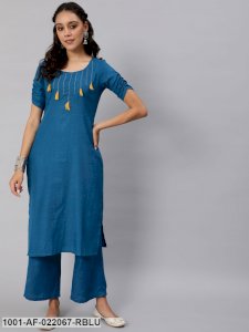 Royal Blue Solid Kurta Set With White Thread Work At Yoke 