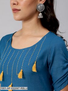 Royal Blue Solid Kurta Set With White Thread Work At Yoke 