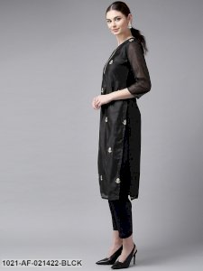 Black & Cream-Coloured Embroidered Kurta with Trousers