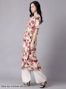 Beige Floral Printed Round Neck A-Line Dress