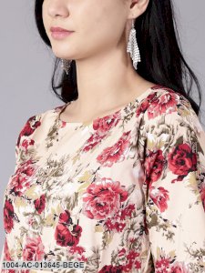 Beige Floral Printed Round Neck A-Line Dress