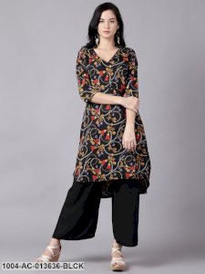 Black Conversational Printed Mandarin Collar A-Line Dress