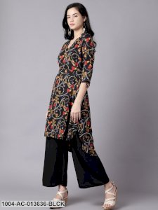 Black Conversational Printed Mandarin Collar A-Line Dress