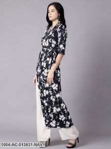 Navy Blue Floral Printed Shirt Collar A-Line Dress