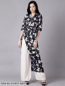 Navy Blue Floral Printed Shirt Collar A-Line Dress