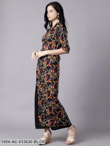 Black Conversational Printed Shirt Collar A-Line Dress