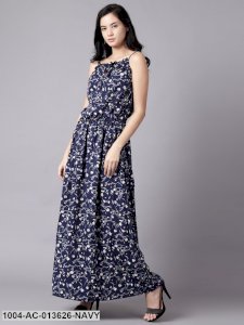 Navy Blue Floral Printed Shoulder Straps A-Line Dress