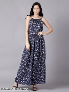 Navy Blue Floral Printed Shoulder Straps A-Line Dress