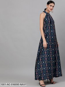 Navy Blue Printed Flared Maxi