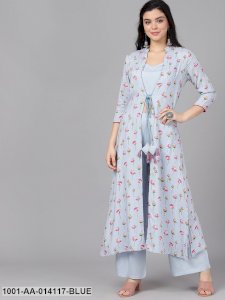 Pastel Blue & Magenta Printed Crop Top Palazzo With Jacket