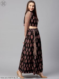 Black Printed 3/4Th Sleeve Blouse With Black Printed Flared Skirt