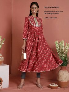 Red Bandhani Printed Lace Yoke Design Anarkali
