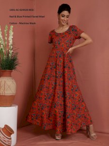 Red & Blue Printed Flared Maxi