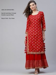 Red & Gold Khari Printed Double Layered Maxi