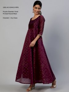 Purple Chanderi Gold Printed Flared Maxi