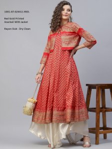 Red Gold Printed Anarkali With Jacket