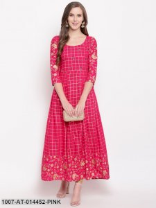 Checkered Rayon Flared Kurta (Pink)