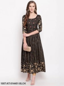 Checkered Rayon Flared Kurta (Black)