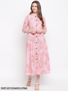 Floral Print Cotton Slub A-Line Kurta (Pink)