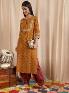 Mustard Printed Straight Kurta