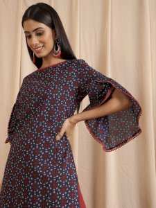 Navy Blue Floral Printed Kurta With Flared Sleeve
