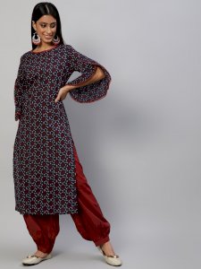 Navy Blue Floral Printed Kurta With Flared Sleeve
