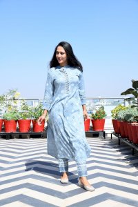 GREY PRINTED HANDWORK KURTA WITH PANT SET