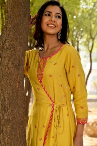 EMBROIDERED RAYON SLUB LONG DRESS- YELLOW