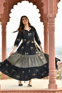 PRINTED RAYON FLEX LONG DRESS