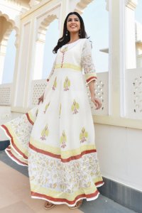 BLOCKPRINTED KOTA DORIYA LONG DRESS - GREEN