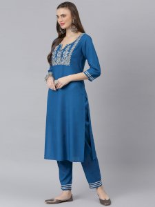 Women Embroidered Rayon Straight Kurta Pant Set