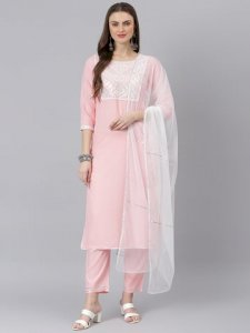 Women Embroidered Rayon Straight Kurta Pant Dupatta Set