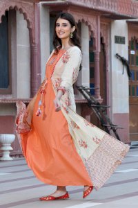 PRINTED COTTON A-LINE LONG DRESS