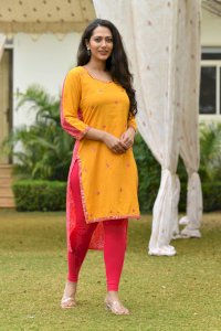 MUSTARD-FUCHSIA AARI WORK HIGH-LOW KURTA